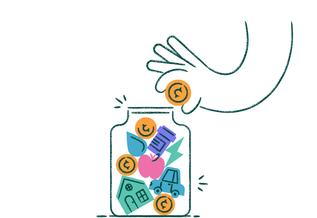 Illustration of a hand dropping coins into a jar filled with community items